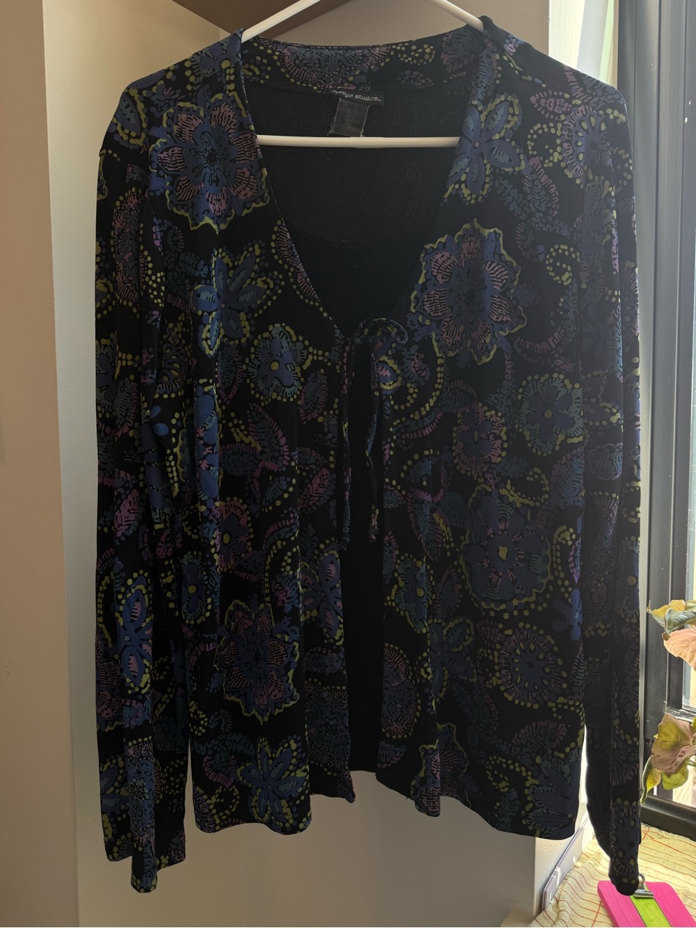 Women's Floral Tie-Front Cardigan Sweater - Black with Blue & Purple